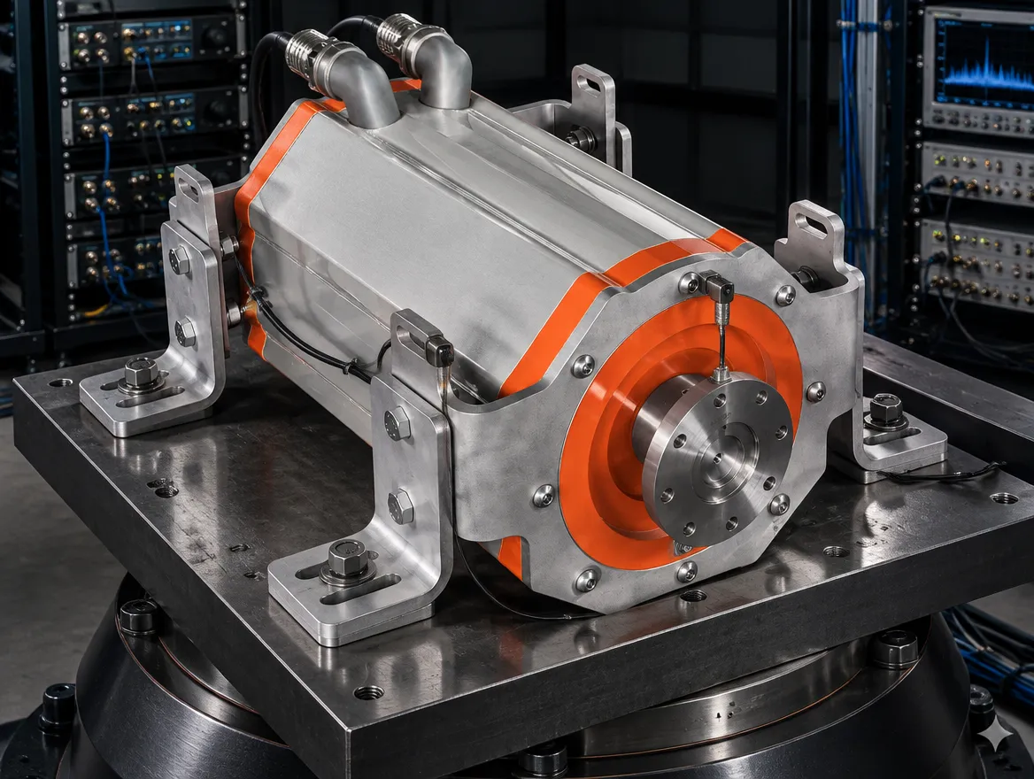 An ALMOTT PMSM motor shaking on a vibration test stand